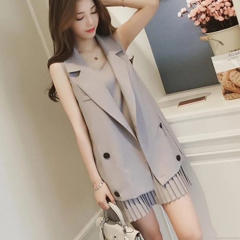 MLXSLKY Весна и лето длинный пиджак жилет костюм + плиссированное платье на бретелях