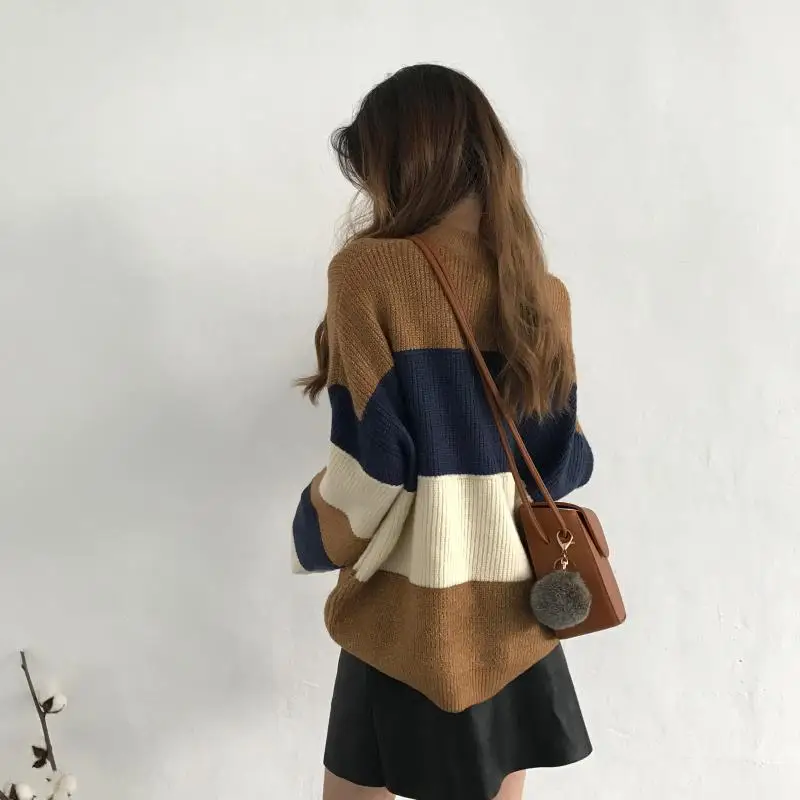 RUGOD 2018 Fashion Loose Christmas Sweater O-neck Striped Oversize Women Long Sleeve Casual Thick Knitted | Женская одежда