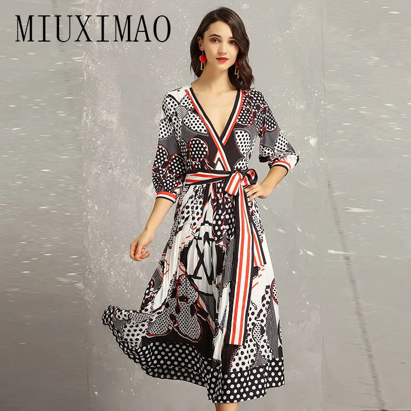 

2019 Spring Newest Arrival Elegant Casual V-Neck Three Quarter Sleeve Dot Print Sashes Fashion Mid-Calf Long Dress Women vestido