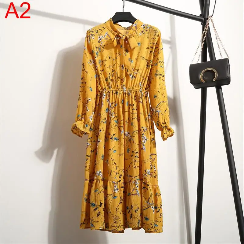 A2 Корейская черная рубашка Vestidos для офиса в горошек, винтажные осенние платья, женское платье Pring, миди платье с цветочным рисунком и длинным рукавом для женщин - Цвет: A2