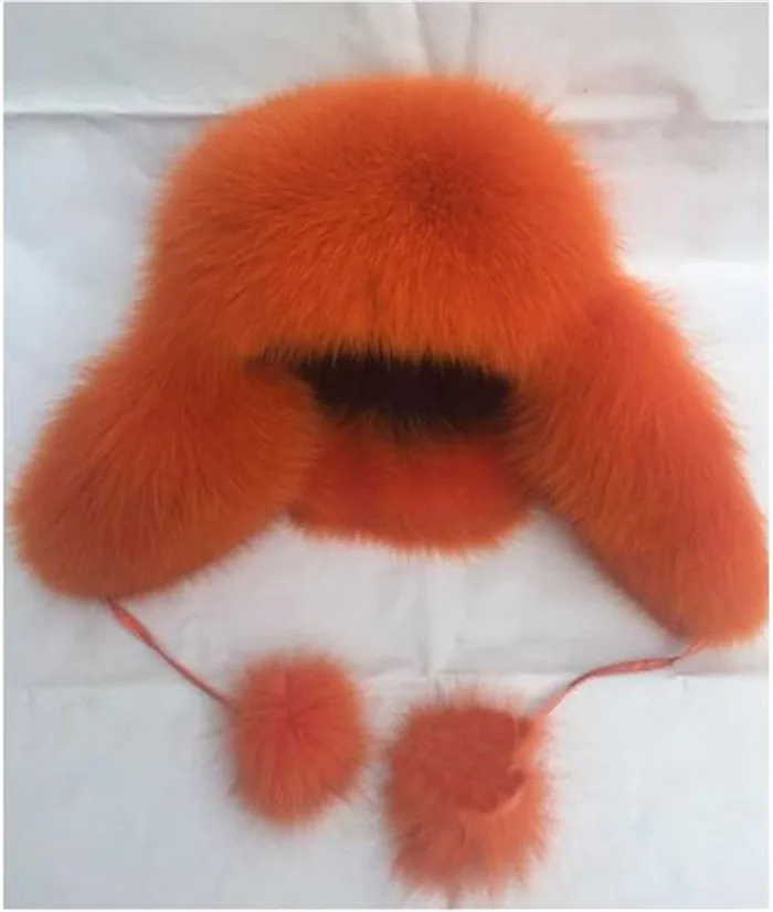Orange Зимняя женская детская меховая шапка для мальчиков и девочек, шапка из натурального Лисьего меха, теплая меховая шапка с помпоном, меховые шапки с лисьим мехом, шапка W - Цвет: Orange