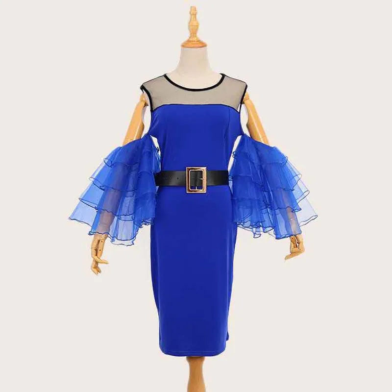 

Africa Clothing Plus Size Mesh Ruffles Sleeve Africa Dress Women Sexy Perspective Slim Dress Office Lady Party Dresses for Girls