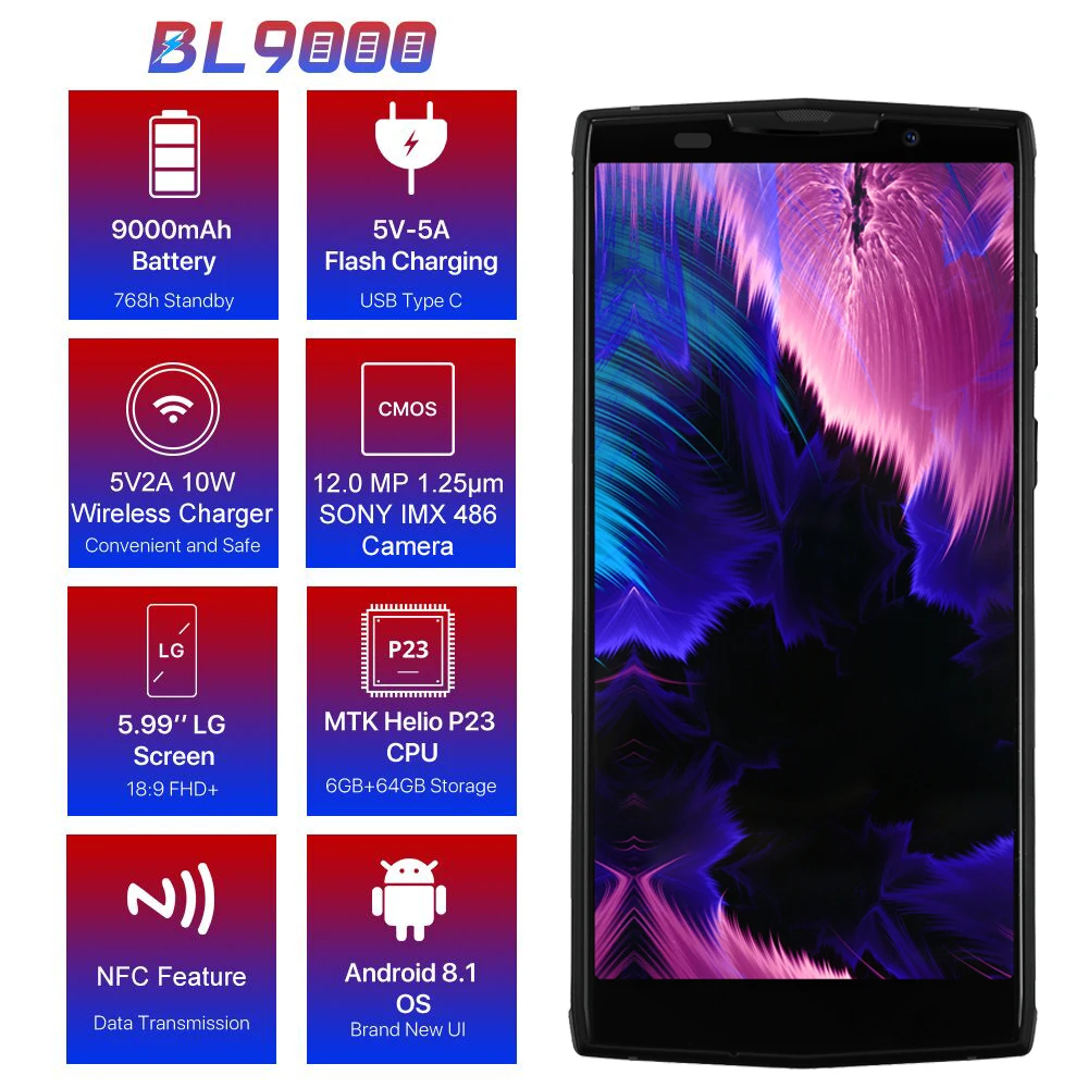 DOOGEE BL9000 Беспроводной и зарядки вспышки 9000 мАч смартфон 5 9 ''FHD + 18:9 Экран NFC MTK6763