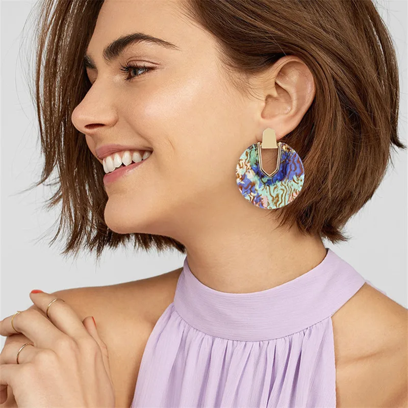 Женские разноцветные акриловые круглые серьги подвески с уникальным принтом u