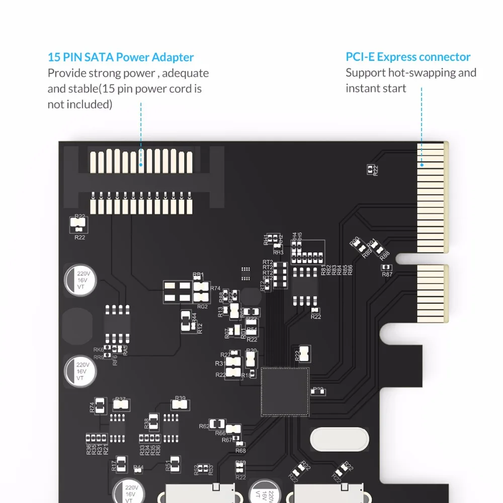 YOTTAMASTER USB3.1 (GEN 2) адаптер расширения PCI-E с 2 внешними портами и 15PIN разъемом питания