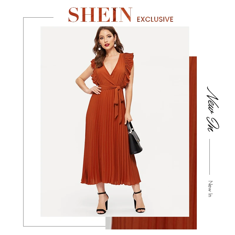 SHEIN Плиссированное Платье С Оборками И Поясом Женское Летнее Элегантное Платье С Высокой Талией И V-Образным Вырезом