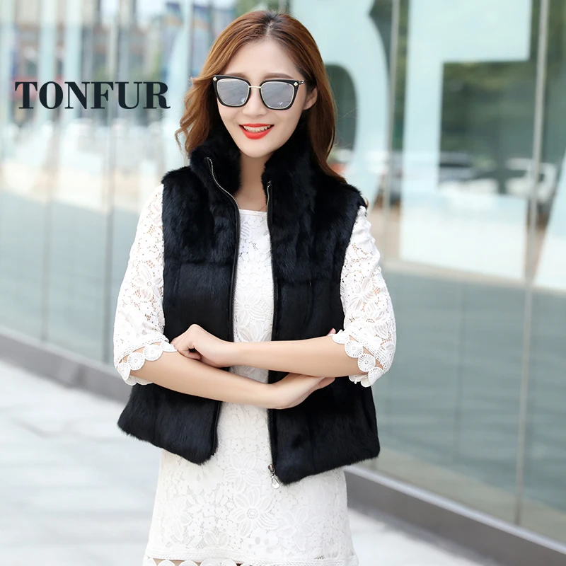 Новинка 2019 жилет на молнии с воротником мандарин и натуральным кроличьим мехом