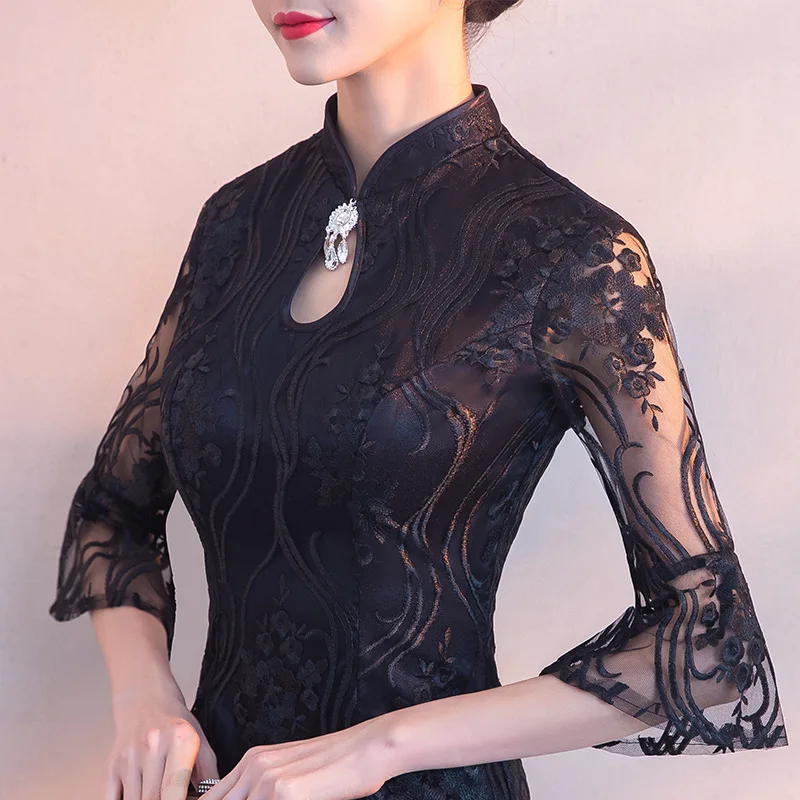 Черное традиционное китайское платье Qipao женские вечерние платья винтажное