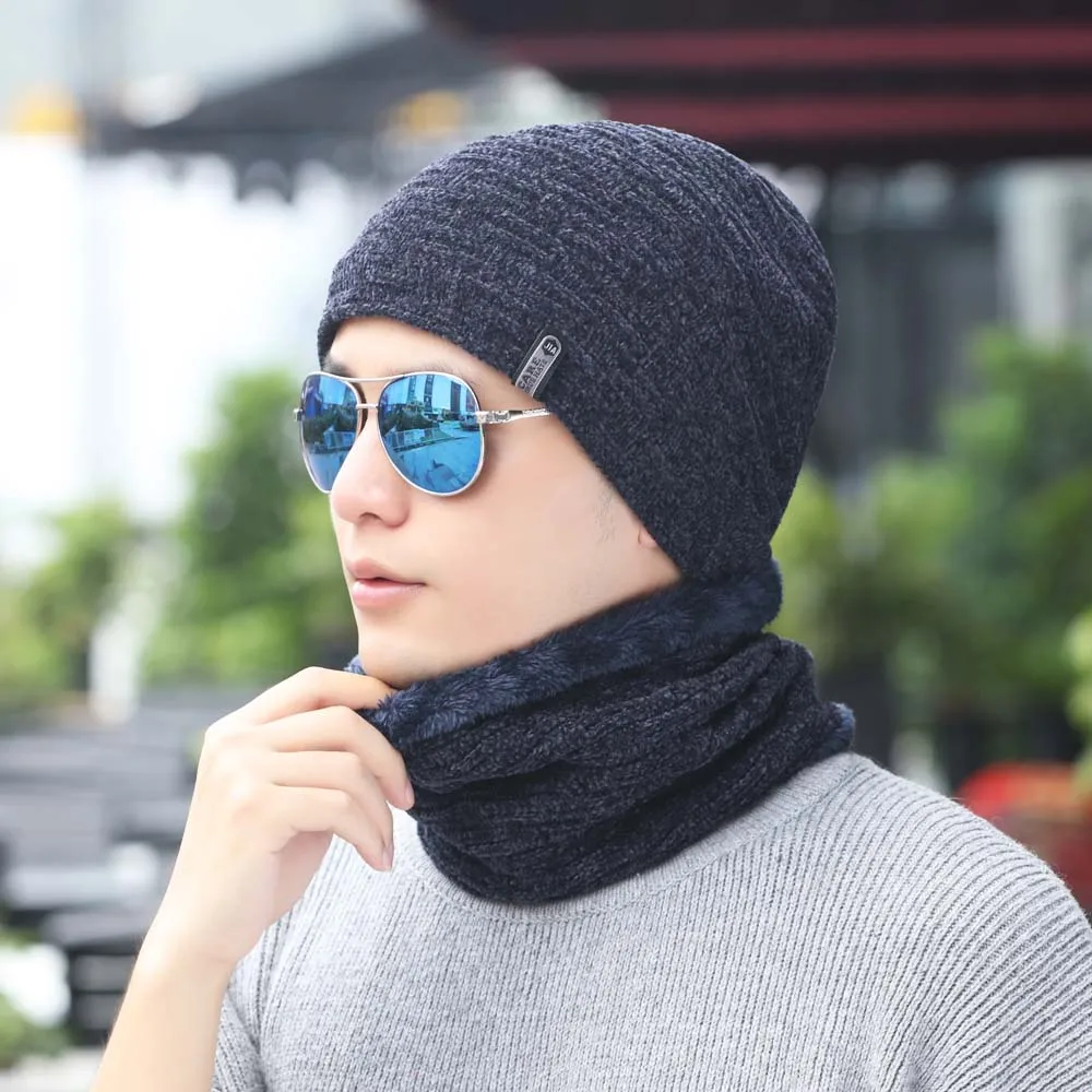 Мужская вязаная шапка синели зимние шапки для мужчин плотная теплая и снуд набор