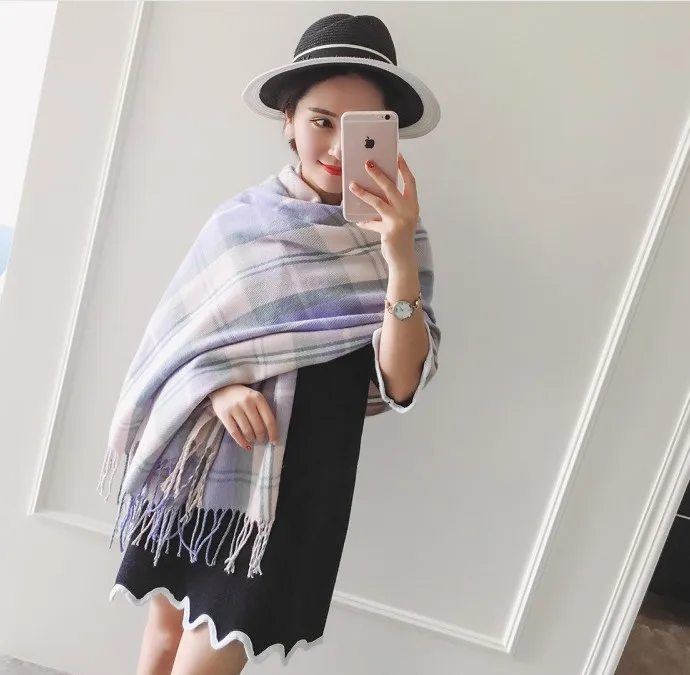 Подростковая шаль dream Женская карамельного цвета зимняя Синяя Клетчатая