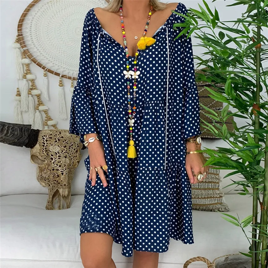 Женское свободное платье SAGACE Летнее мини в стиле бохо с длинным рукавом v