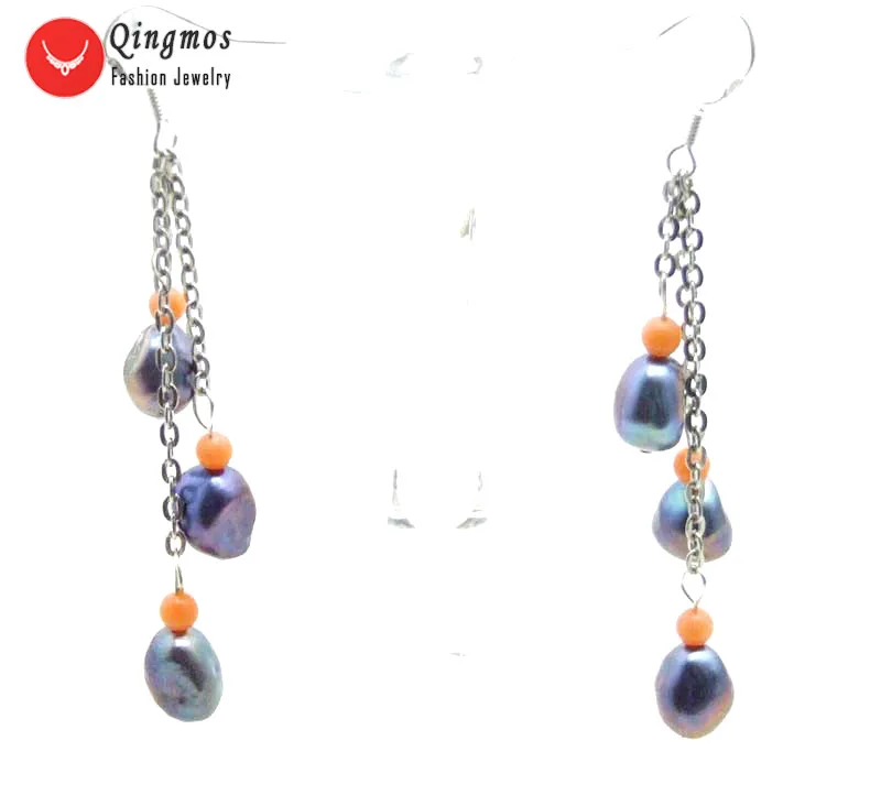 

Qingmos 3 Pieces Natural Pearl Earrings for Women with 7-9mm Black Baroque Freshwater Pearl Dangle 3" Earrings Jewelry ear545