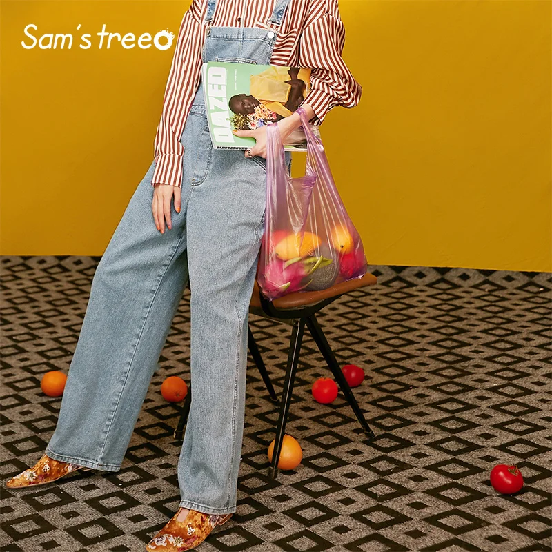 Samstree небесно-голубые женские комбинезоны Осенние новые повседневные Прямые комбинезоны для девочек модные уличные брюки средней талии Femme