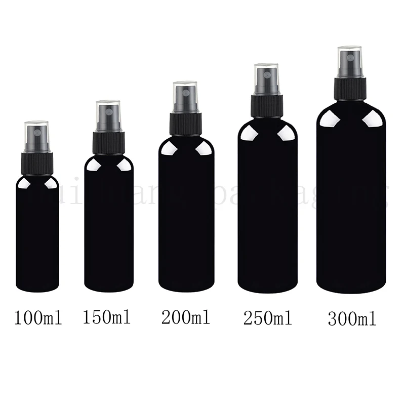 30pcs 100/150/200/250/300ml cosmetic spray bottles for cosmetics packaging,black plastic PET container with mist sprayer pump