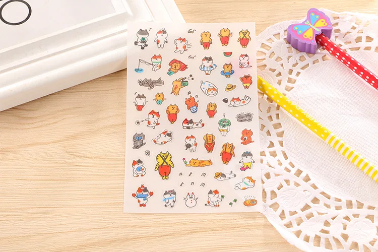 6 Pcs/Set Cute PVC Stickers Kawaii Cartoon Cat Sticky Paper For kids Child DIY Scrapbooking Stickers Diary Ablum Gift Stationery