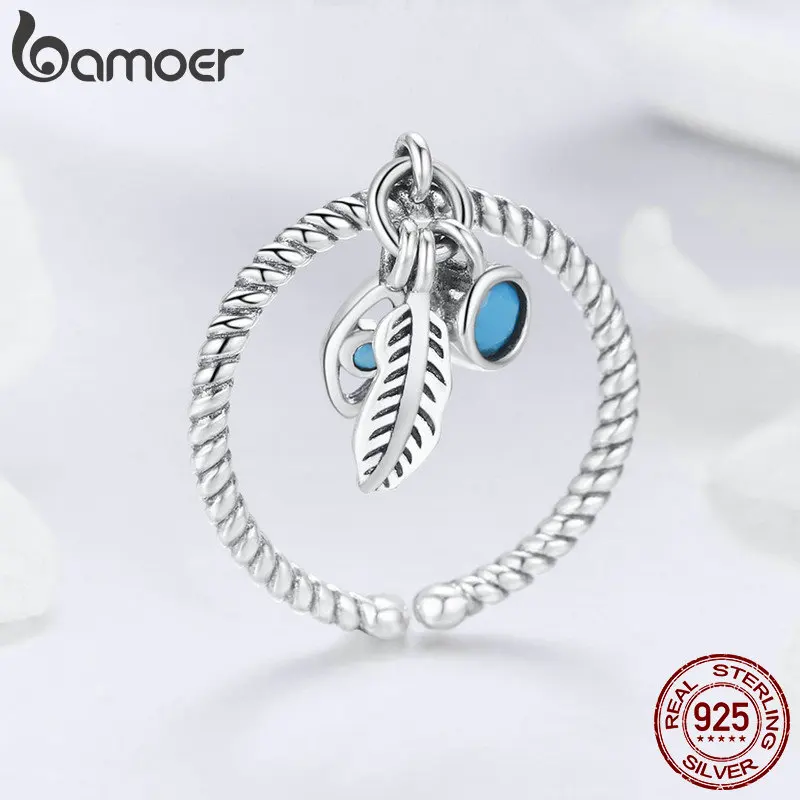 BAMOER Genuine 925 Sterling Silver Bohemian Feathers Vintage Styles Open Size Rings for Women Sterling Silver Jewelry SCR431