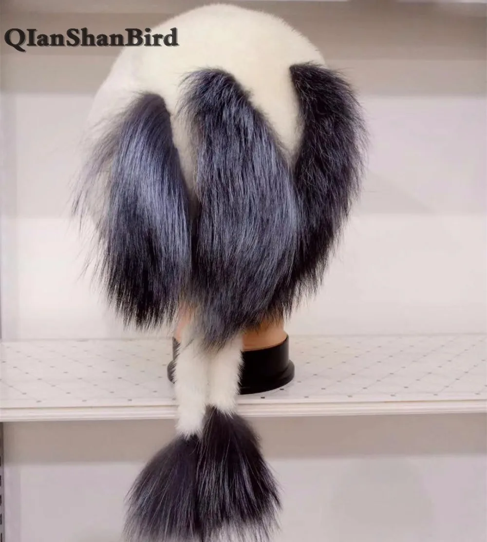 2018 New Style Women Mink Fur Hats with Silver Fox Stripes Real Tails High Quality 100% Caps | Аксессуары для одежды