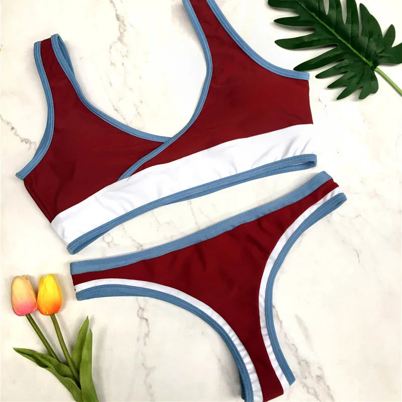Sport Bikini Brazilian Two Pieces Striped Swimsuit 2018 Thong Biquine Set Tank Crop Top Bathing Suit Bandeau Biquini |