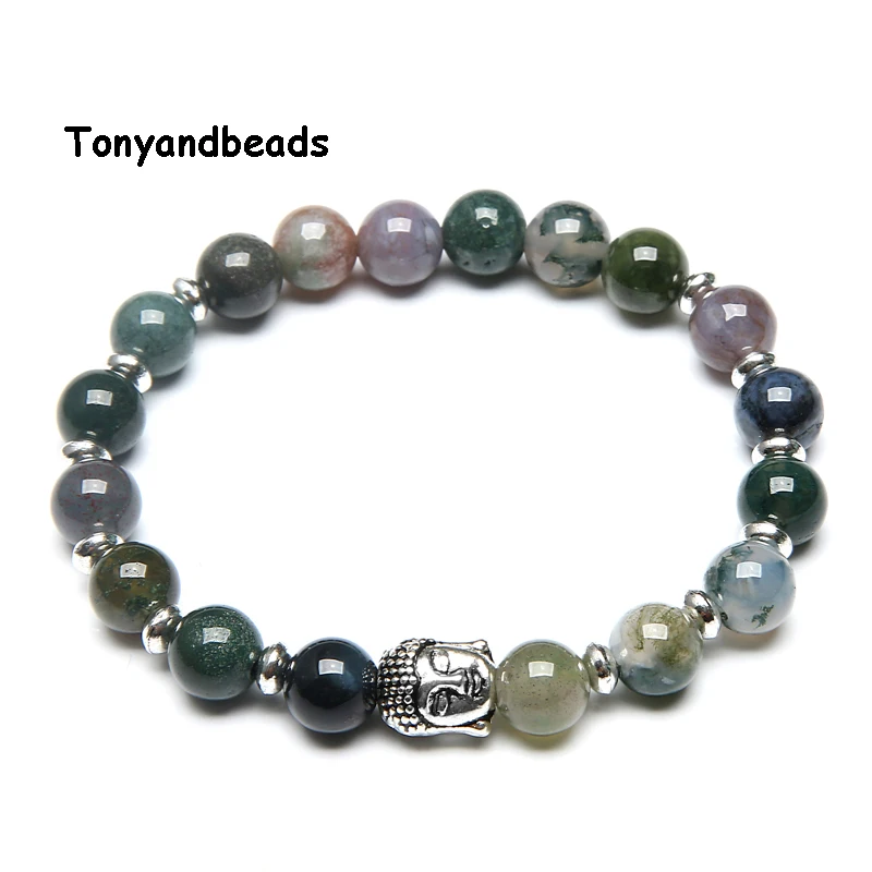 Indian Agate Натуральный камень Бусины Браслет античный серебряный Будда шарм браслеты и браслет для женщин или мужчин No. NB3 - Окраска металла: Indian Agate