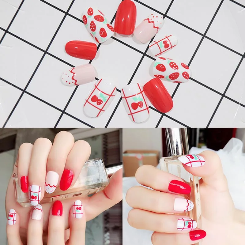 Накладные ногти с принтом клубники для девочек милые летние накладные красного