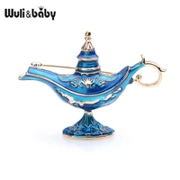 wulibaby red blue enamel aladdin magic lamp light brooches women men 2019 new fashion weddings party brooch pins gifts