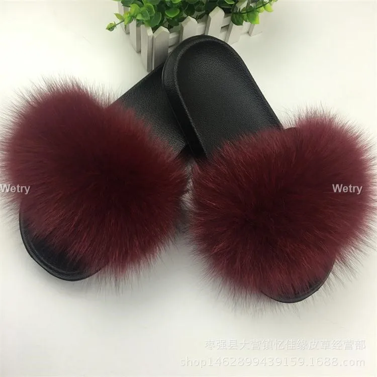 Real Fox Fur Slides Брендовые роскошные меховые тапочки; женские шлепанцы с натуральным лисьим мехом; домашние меховые плоские сандалии женские милые пушистые домашние туфли для женщин - Цвет: Real Fox Fur Slides