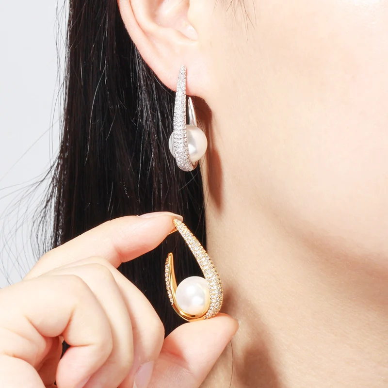 Pera Elegant Brilliant Women Big Round Pearl Cubic Zirconia Yellow Gold Circle Long Drop Earrings for Party Jewelry Gift E393 | Украшения и