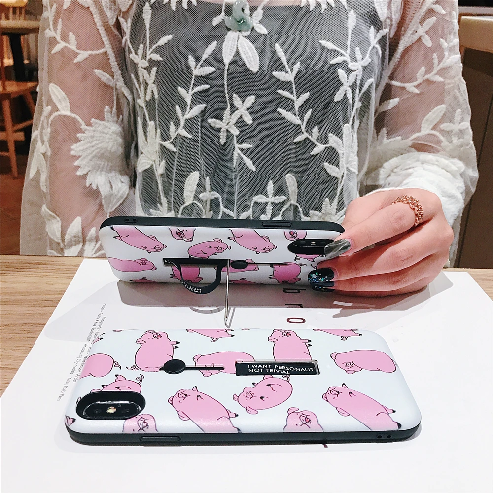 High quaity Hide Bracket Ring Phone Case For iPhone 6 6S Plus 7 8 Relief Cartoon Lovely Pink Pig XS MAX XR |