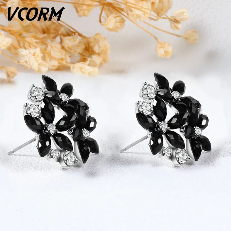 VCORM Fashion Water Crystal Small Stud Earrings for Women Cute Flower Statement Zirconia Earring Accessories Jewelry | Украшения и