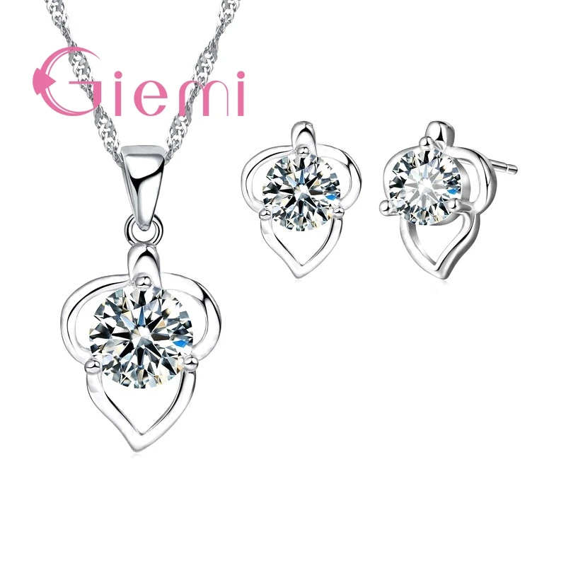 

Woman New Wedding Gift 925 Sterling Silver Cubic Heart Shape Water Wave Chain Necklace Stud Earring Set Free Fast Shipping