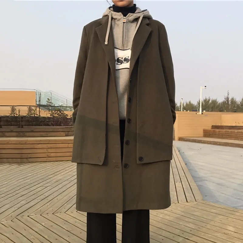 XIZIHUPAN Woolen Coat Female Long Sleeve Turn Down Collar Loose Thick Overcoat Button Solid Colour Top Fashion New Tide | Женская одежда