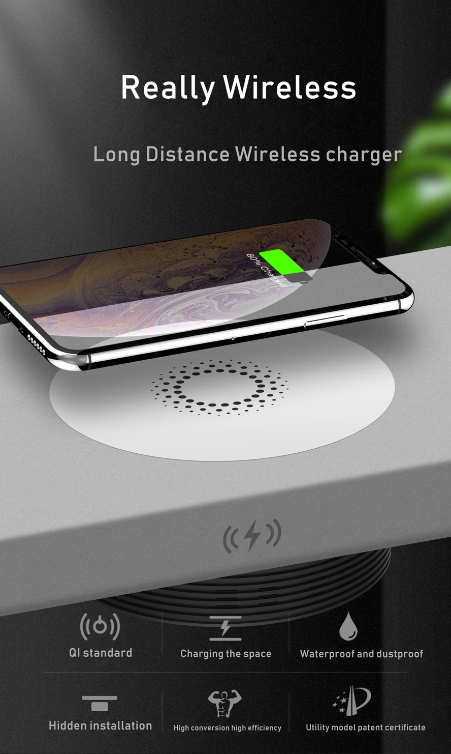 32mm Long Distance Беспроводной зарядное устройство для IPhone 8 8Plus XX XS Макс 11 Pro Макс Samsung галактики S10 5g S10e S9 S8 S7edge Note 8 note9 Note10 Скрытые космические невидимые беспроводная зарядная база