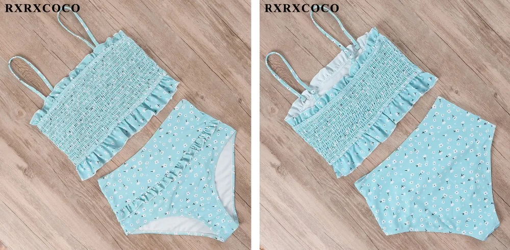 RXRXCOCO купальники для женщин купальник Smocking бикини с высокой талией набор бикини напечатан летний купальник с рюшами пляжная одежда