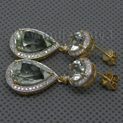 Подлинная зелёные аметистовые серьги 14Kt Желтое Золото Алмаз аметист в каплях