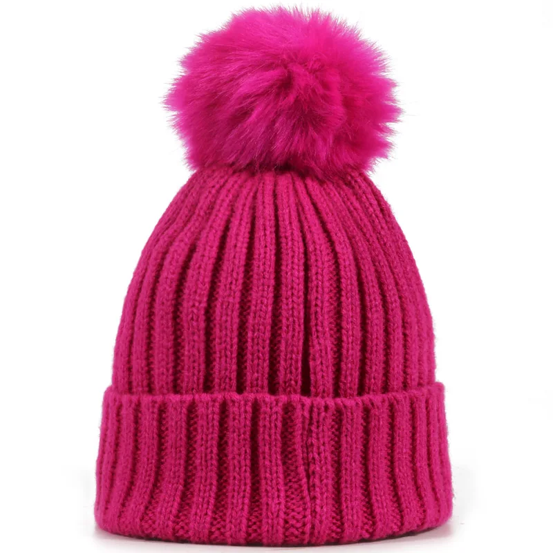 Rose Меховая шапка с помпоном, зимние детские шляпы, Skullies Beanies, Детские теплые шапки, эластичные вязаные шапки, детские меховые шапки с помпонами для мальчиков и девочек - Цвет: Rose