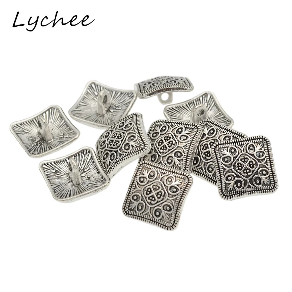 Lychee 10pcs Geometric Square Antique Silver Flower Metal Shank Button For Clothes Jeans Sewing DIY Decorative Crafts | Дом и сад