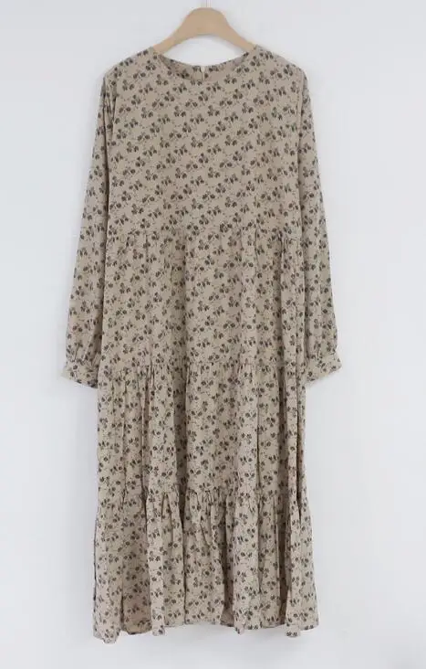 Beige dress Повседневные платья, горячая Распродажа, женское платье в консервативном стиле, японское милое свободное винтажное платье с круглым вырезом и цветочным принтом, с оборками, 4511 - Цвет: Beige dress