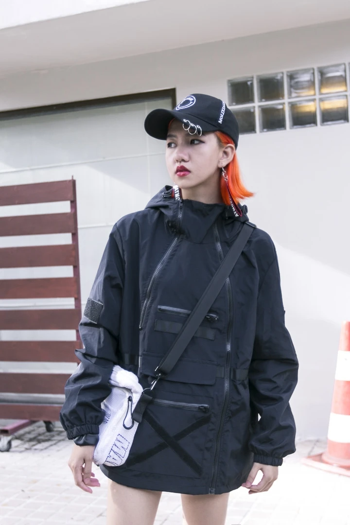 Patchwork zipper placketing ribbon pocket with a hood loose bf trench outerwear street | Женская одежда