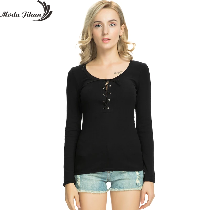 Moda Jihan осенние женские рубашки с длинным рукавом приталенные на шнуровке круглым