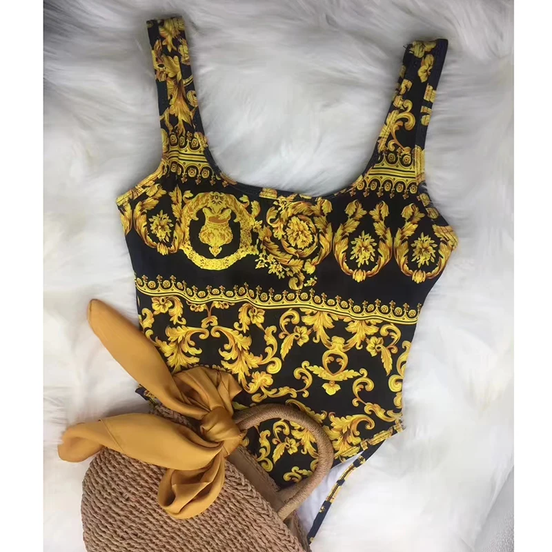 Вдохновение желтый печати один кусок боди пляж плавание одежда высокая нога Paysuit
