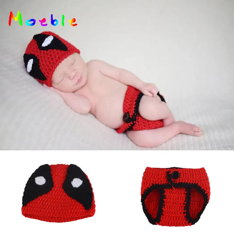 

Crochet Baby Boys Deadpool Photo Prop Knitted Newborn Hat Diaper Set for Fotografia Infant Cartoon Costume Photography Outfits