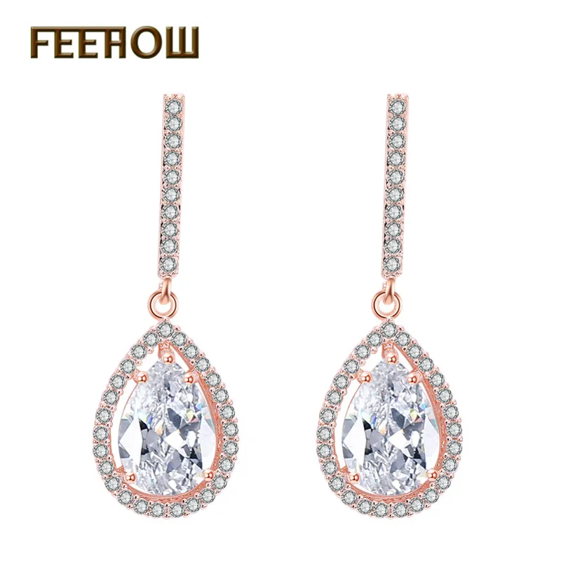 FEEHOW модный каплевидный CZ цирконий длинные висячие серьги для элегантных дам Для