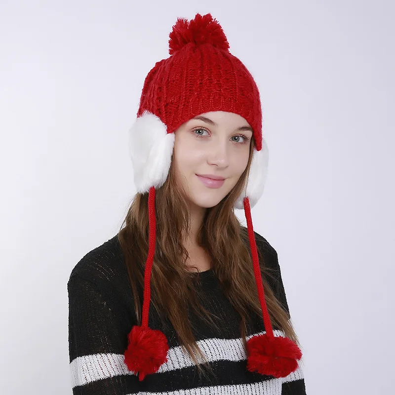 New Winter Women Knitted Bomber Hats Fur Warm Heating Female Hanging Ball Cap with Hair Ear Protector Russian Hat | Аксессуары для