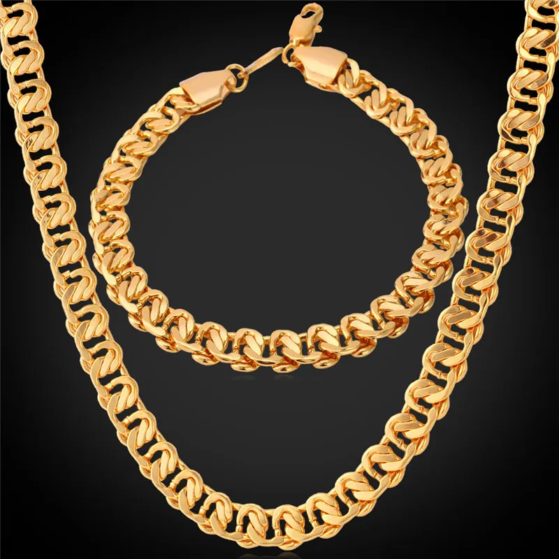 

Kpop Necklaces Bracelets Set For Men yellow Gold Color Fashion New 55CM Necklace 8MM 21CM Bracelet Men Chain Jewelry Sets NH075