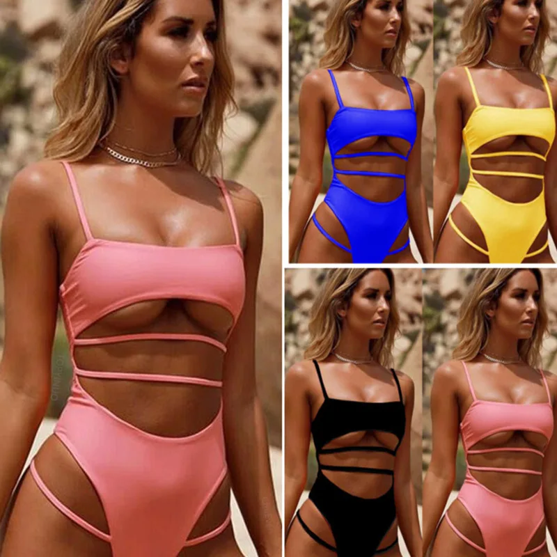 Женский купальник с высокой талией Одноцветный бандажный желтого розового