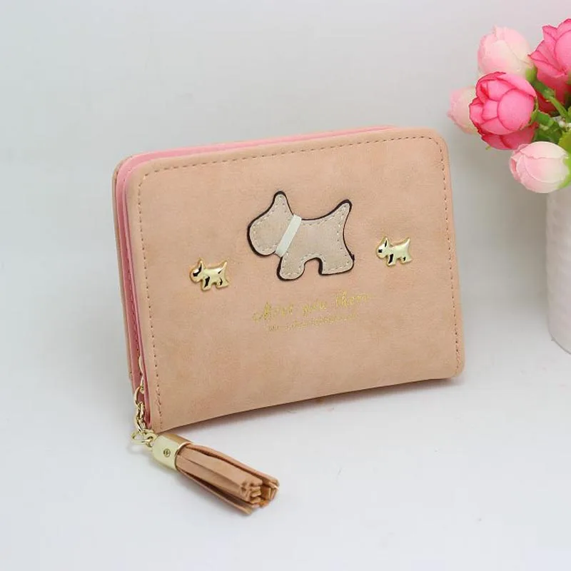 Pink Short Женские кошельки из матовой кожи с рисунком собаки из мультфильма, кошелек с кисточкой на застежке-молнии, кошелек для животных, милый женский держатель для карт, Дамский клатч - Цвет: Pink Short