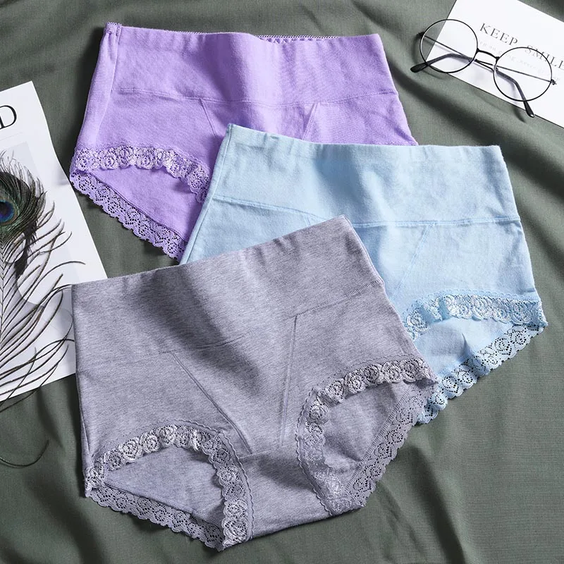 Purple Bue Gray LANGSHA, 3 шт./лот, хлопковые трусы для женщин, высокая талия, нижнее белье, сексуальное, кружевное, мягкое, комфортное, женские трусы, бесшовные, для похудения, нижнее белье для девочек - Цвет: Purple Bue Gray