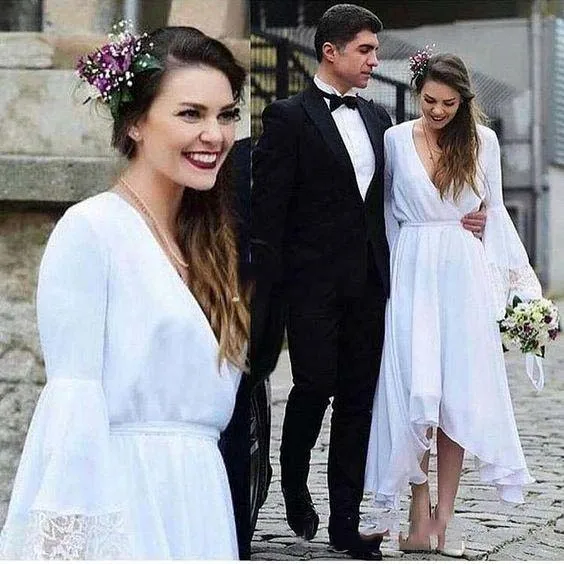 Белая богемная лампа с V образным вырезом и длинным рукавом|Свадебные платья| |