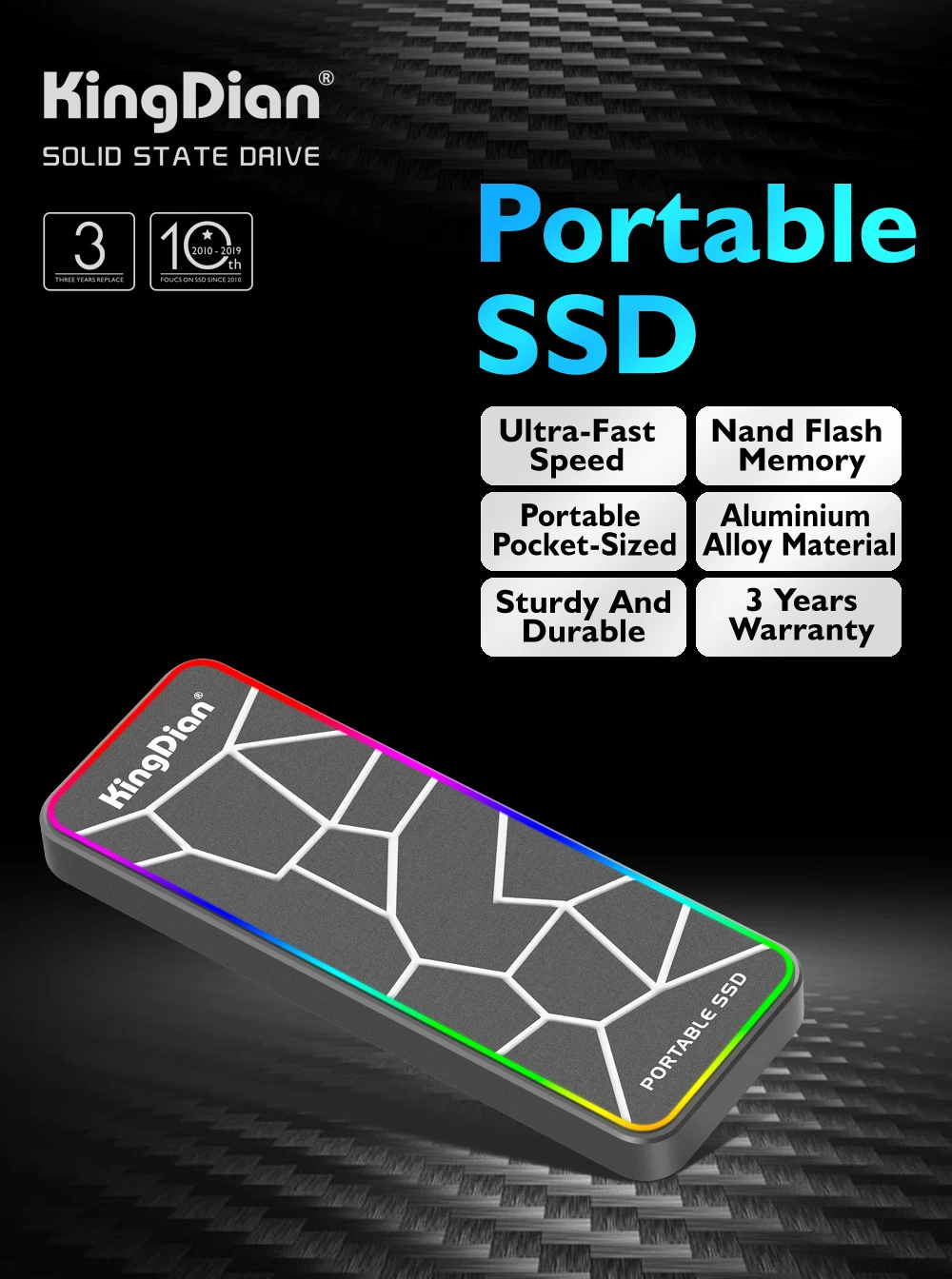 KingDian Newest item lighting Portable SSD USB 3.0 120GB 250GB 500GB External Solid State Drive