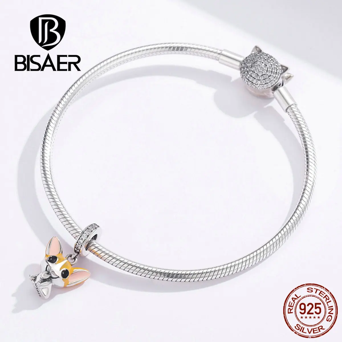 BISAER, подвески в виде собаки, 925 пробы, серебряные, вельш, корги, бусины, коричневая эмаль, собачка, животное, шарм, подходят для браслетов, сделай сам, изготовление ювелирных изделий EFC078